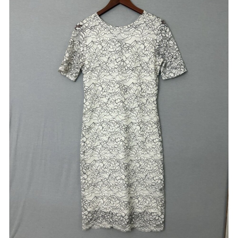 Sharagano Women’s Dress Sz 4 Short Sleeve Sheath White and Black Lace Chic Fem